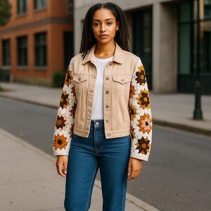 (SOLD) Thread & Supply cream light jacket with Crochet granny square Sleeves